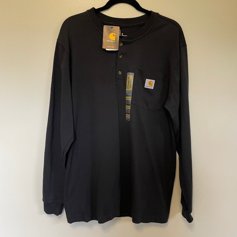 NWT‎ Carhartt Heavyweight Long Sleeve Pocket Henley Shirt Original Fit Black SM
